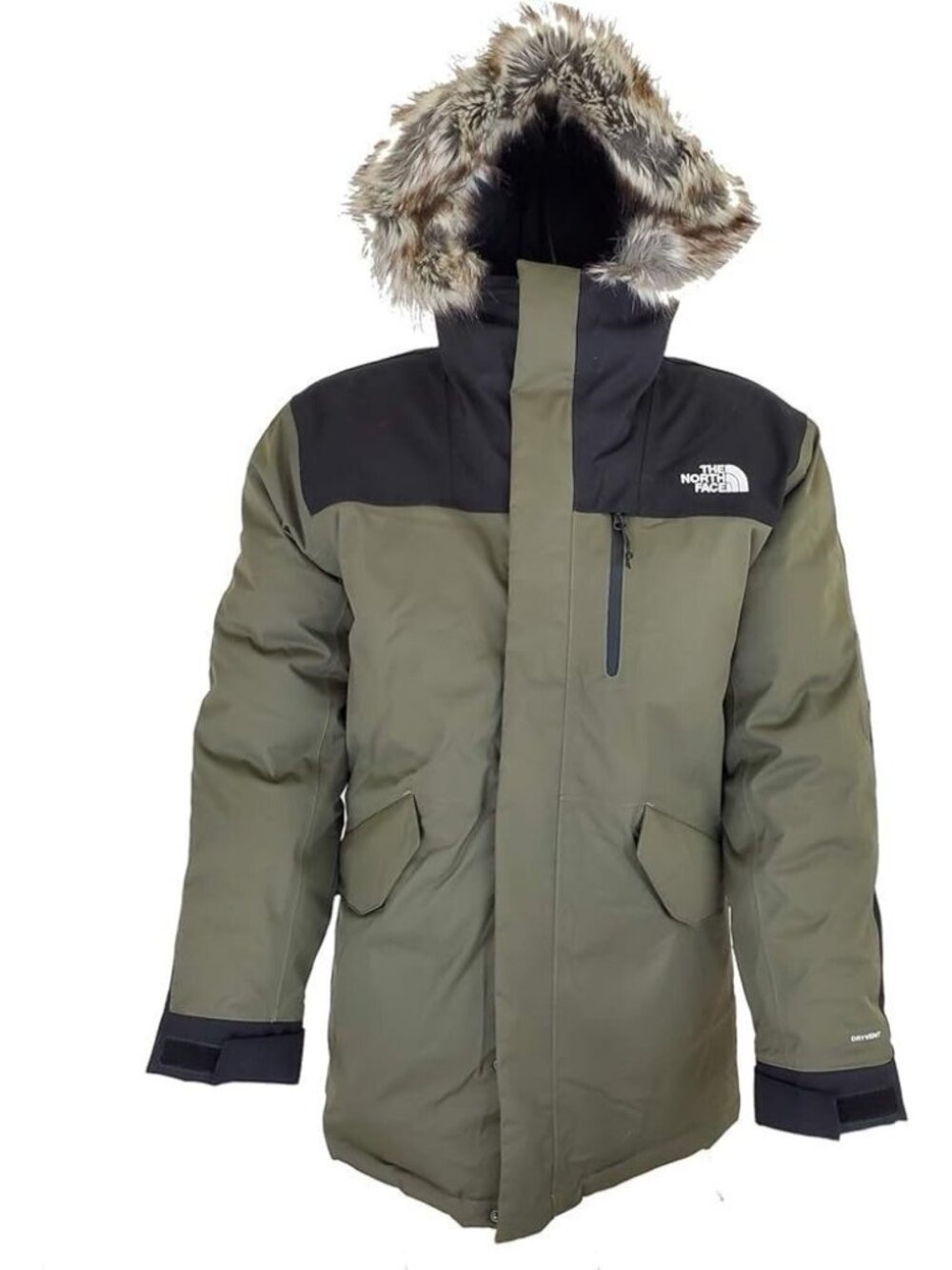 The North Face Faux Fur Removable Full Zip Down Jacket Olive Green Mens S Hooded
